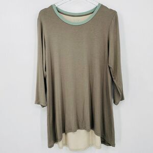 Logo Lori Goldstein Size Large Olive Green Lagenlook Color Block Tunic Top